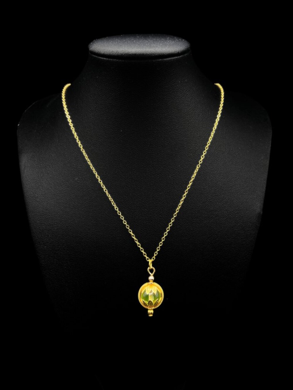Uranium Glass Pendant Necklace With Yellow-Green Bead in Gold Frame in Gift Box